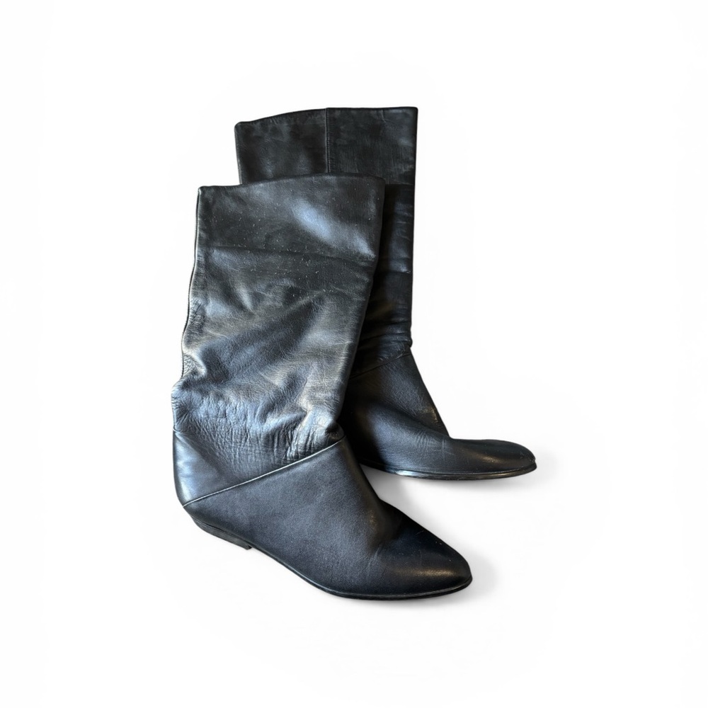 Women's Black Leather Mid-Calf Wedge Boots
